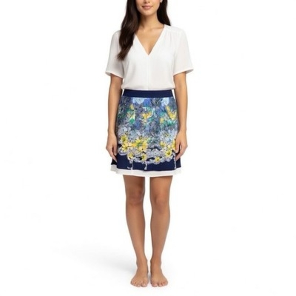 Bouquet Vintage Floral Pleated Above Knee Skirt Blue Yellow Paisley Free Size VG